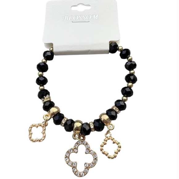 5/$25 Blossom Black & Gold Beaded Bracelet with Charms - Picture 1 of 1